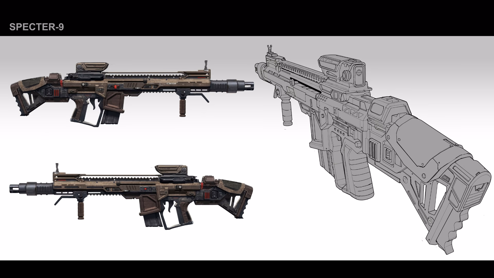 Sci-fi rifle concept sheet – concept art by Hexar Studios