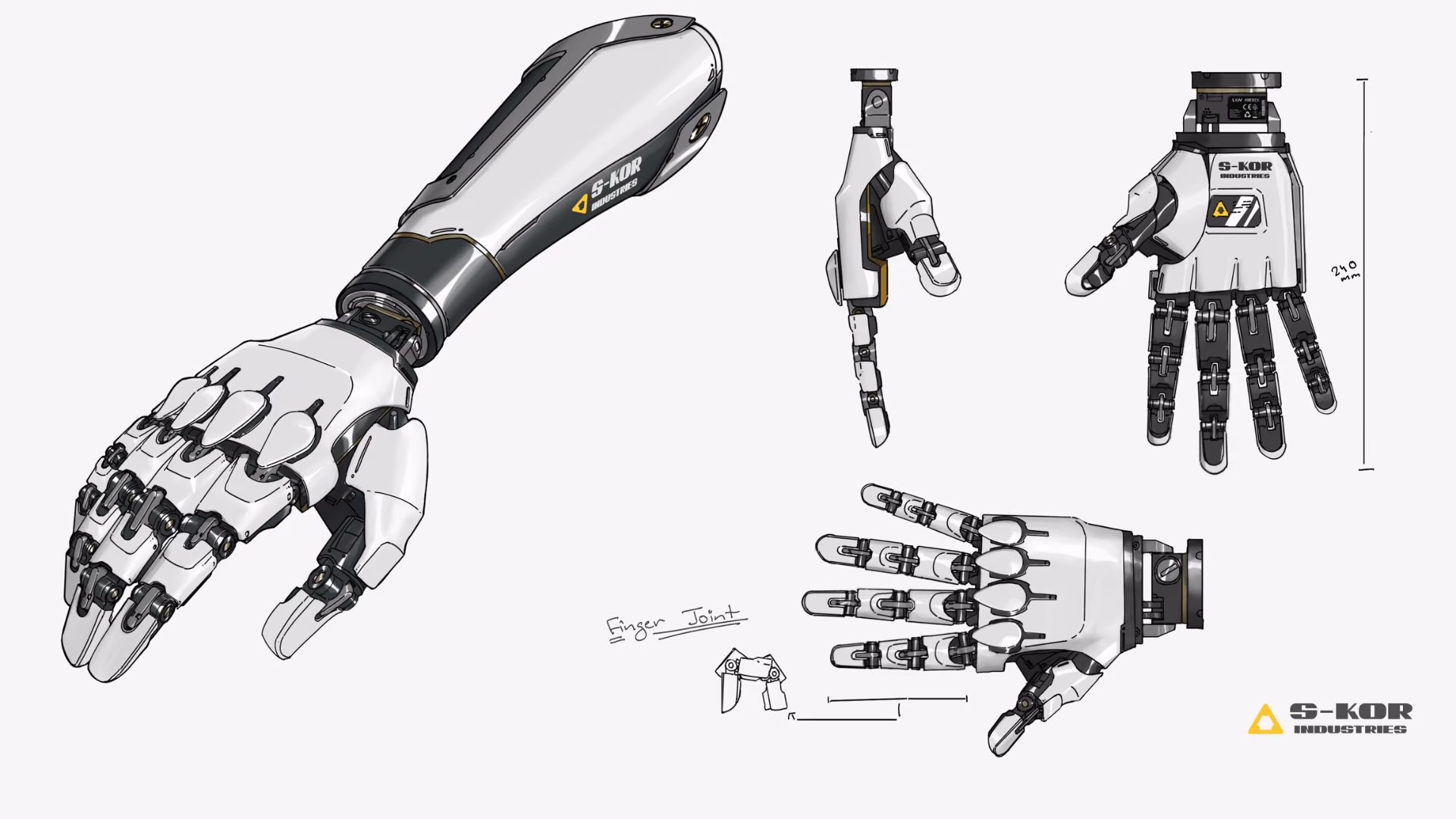 Robotic hand concept sketches – concept art by Hexar Studios